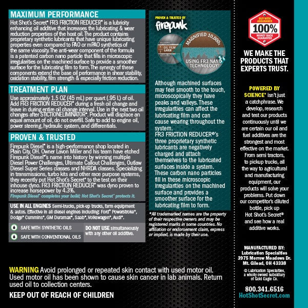 Hot Shot's Secret FR3 Friction Reducer Engine Oil Additive