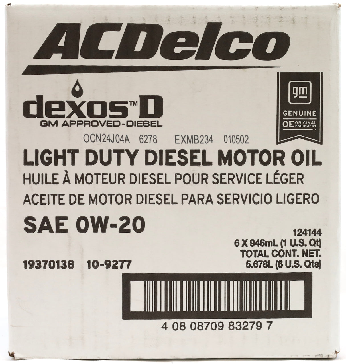 6 Quarts ACDelco DexosD 0W-20 Diesel Oil 19370138 for 2020–2025 LM2 LZ0 Duramax
