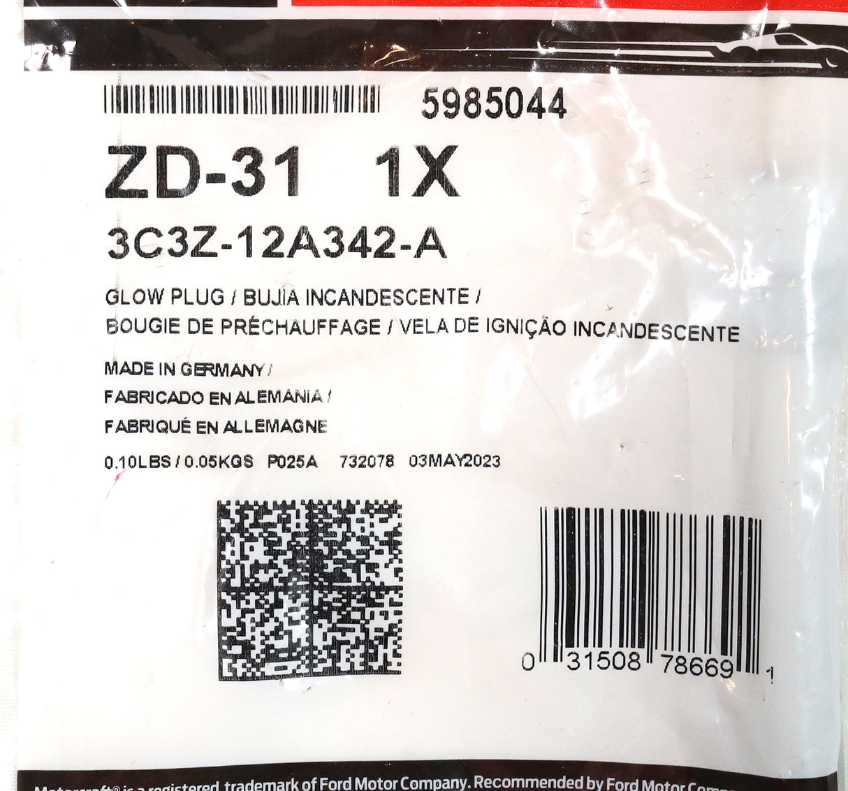 Motorcraft ZD-31 Glow Plug 03–04 6.0L Powerstroke OEM Ford 3C3Z-12A342-A