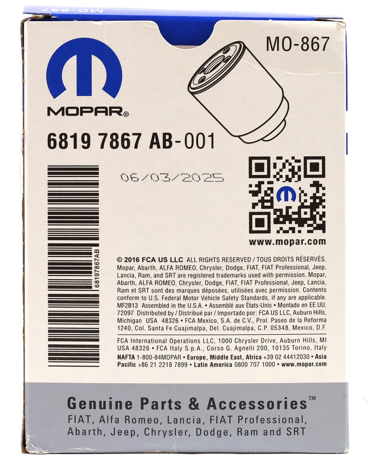 Genuine Mopar 68197867AB MO-867 Fuel Filter Water Separator 2013–2018 6.7L Cummins
