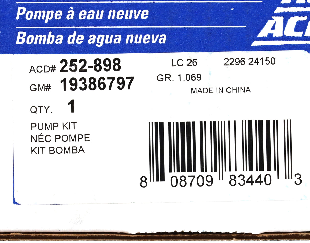 ACDelco 252-898 / GM 10386797 LBZ LMM LML 06-16 Chevy GMC Duramax Water Pump Kit