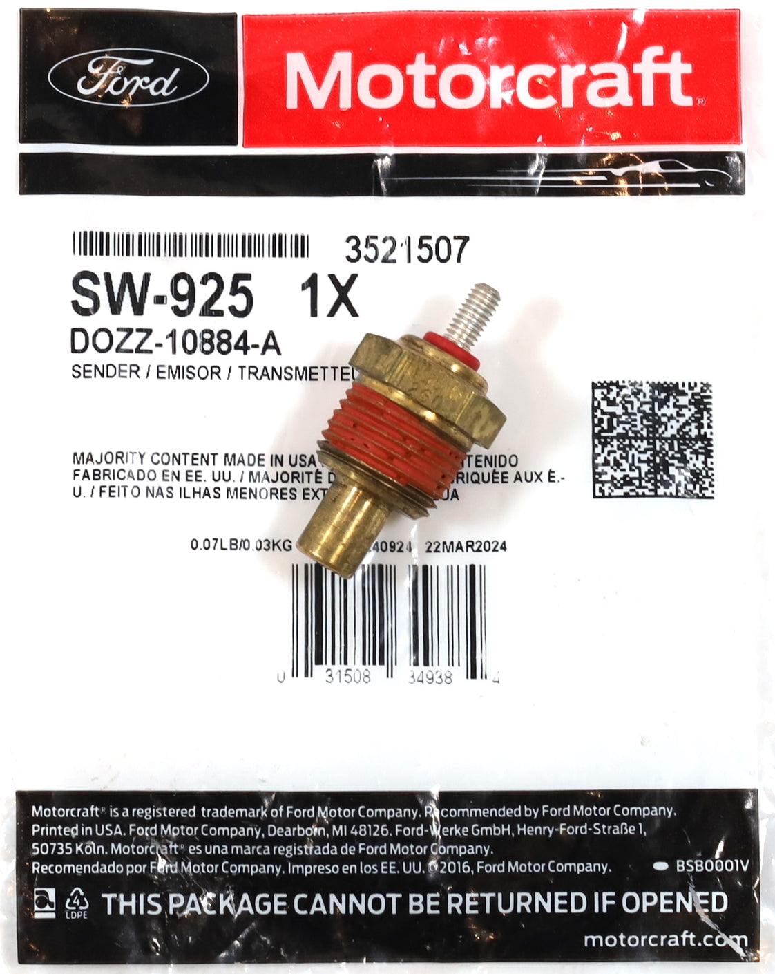 Motorcraft SW-925 / DOZZ-10884-A Coolant Temp Sensor 1994-1997 7.3L Powerstroke