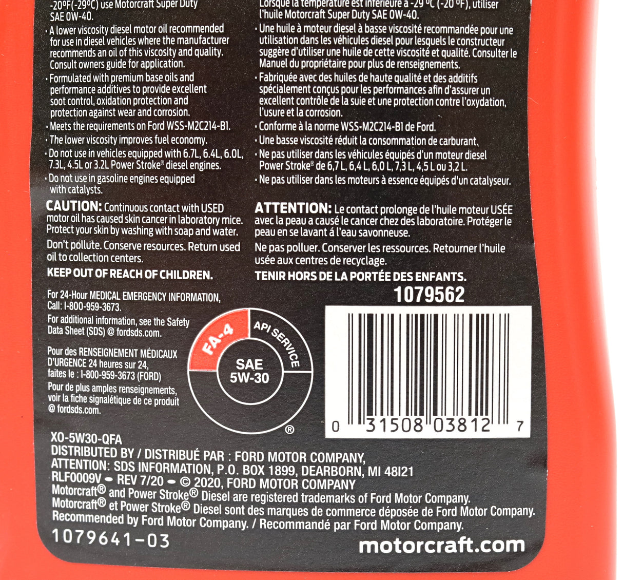 Motorcraft SAE 5W-30 FA-4 Full Synthetic Diesel Engine Oil XO-5W30-QFA