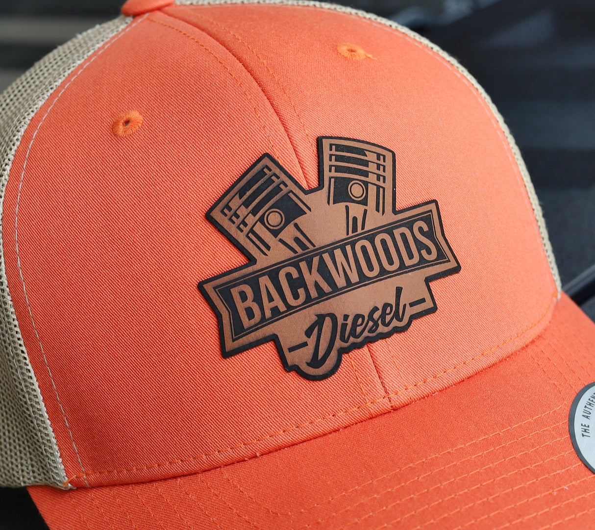 BackWoods Diesel Trucker Hat – Rustic Orange & Khaki Snapback with Leather Patch