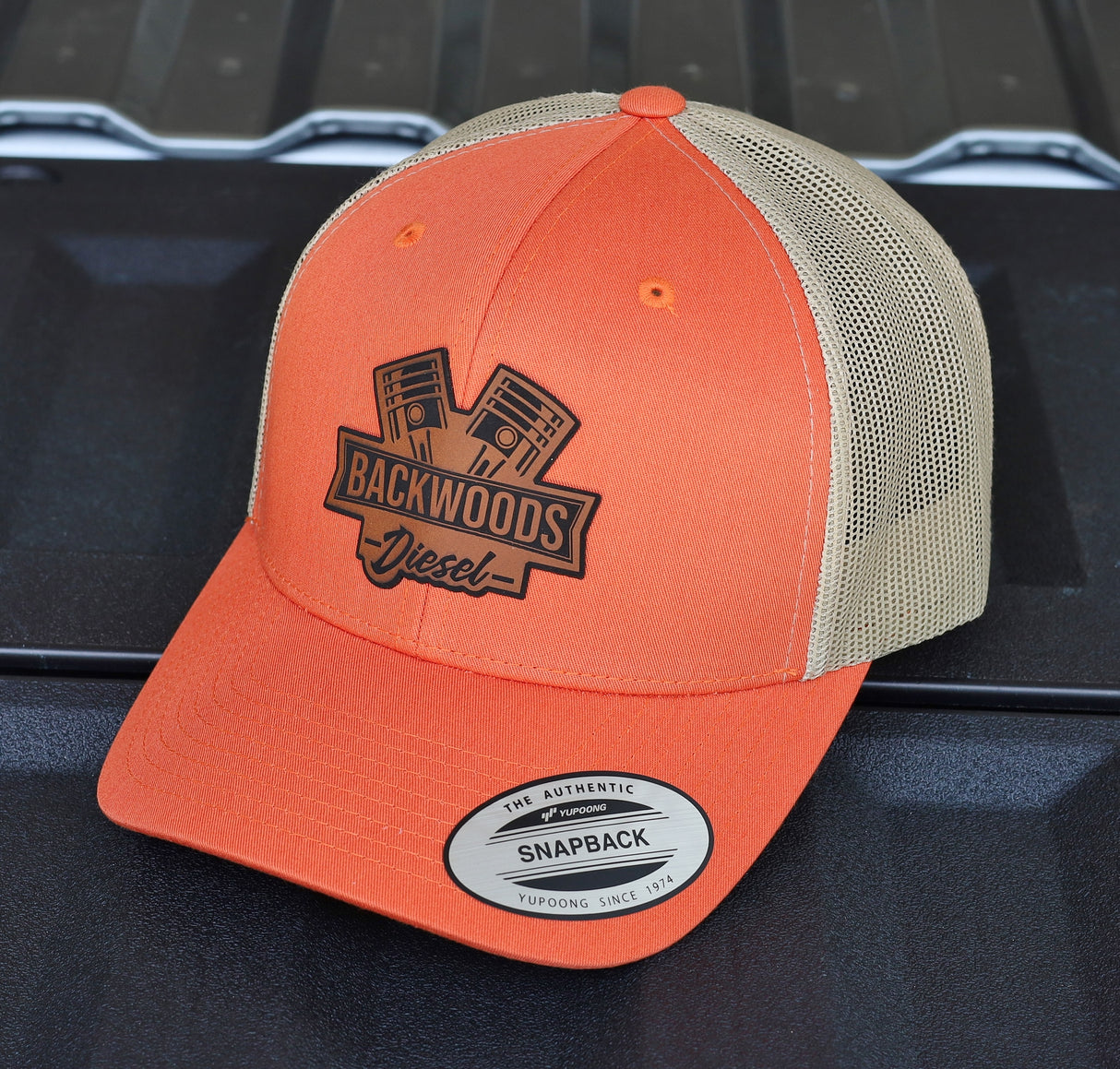BackWoods Diesel Trucker Hat – Rustic Orange & Khaki Snapback with Leather Patch