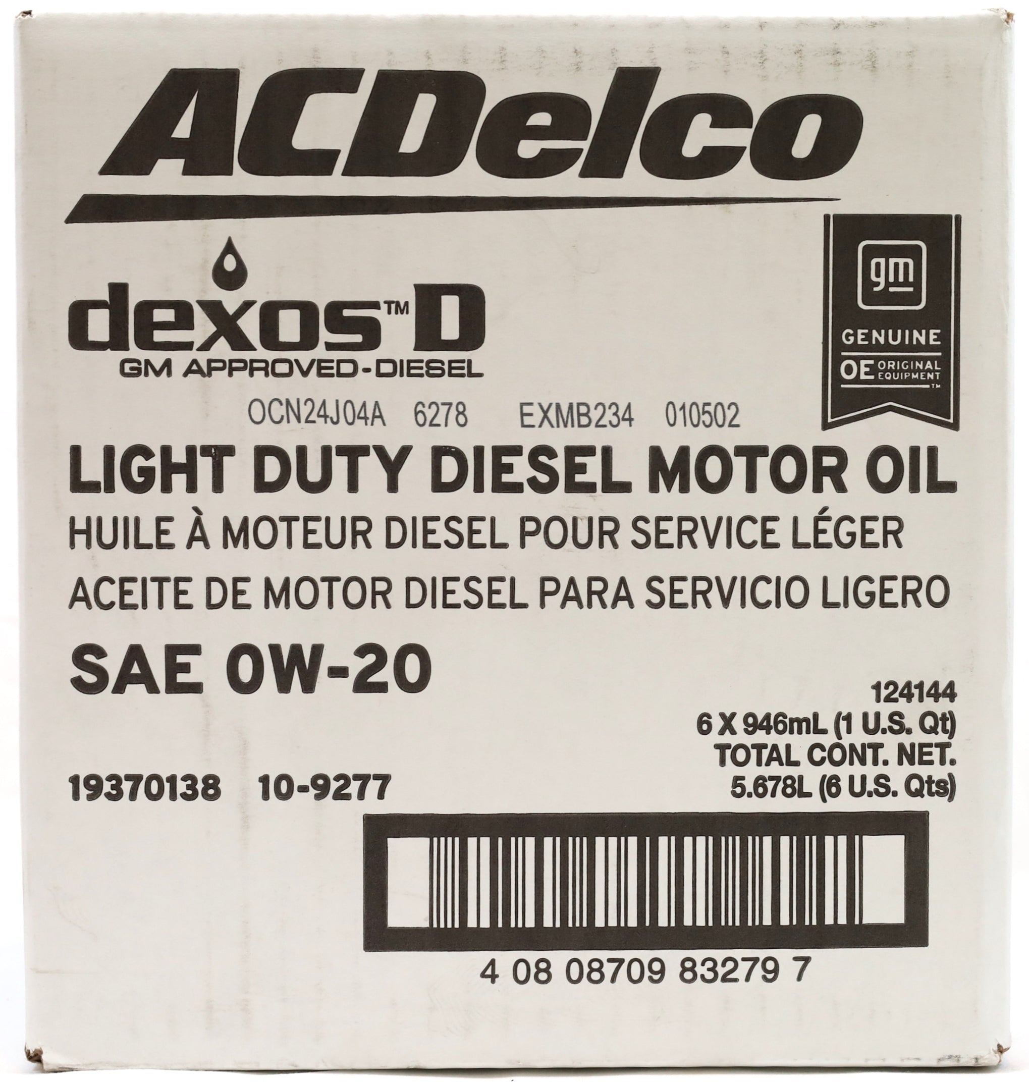 6 Quarts ACDelco DexosD 0W-20 Diesel Oil for 3.0L LM2 & LZ0