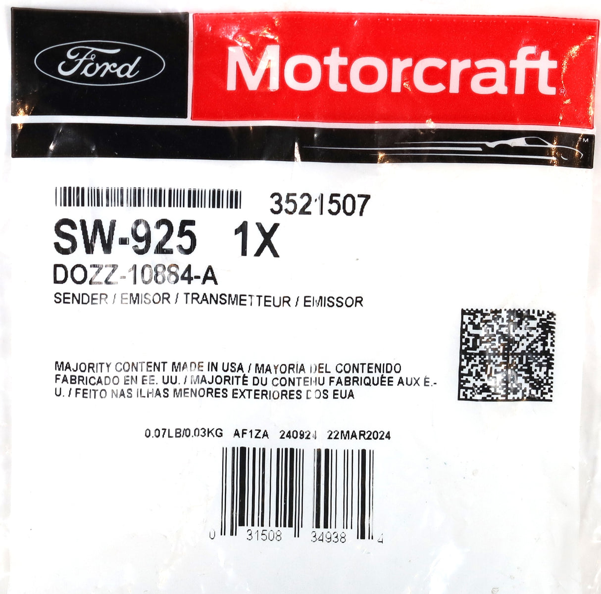 Motorcraft SW-925 / DOZZ-10884-A Coolant Temp Sensor 1994-1997 7.3L Powerstroke