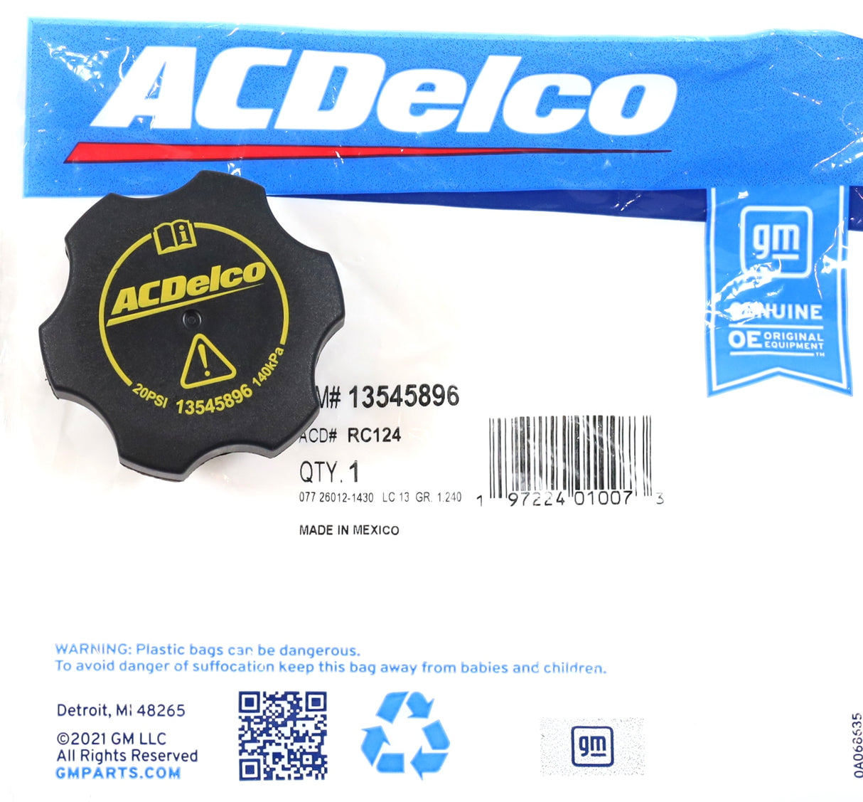 GM 13545896 / RC124 Coolant Reservoir Cap LMM / L5P / LM2 / LZ0 Duramax