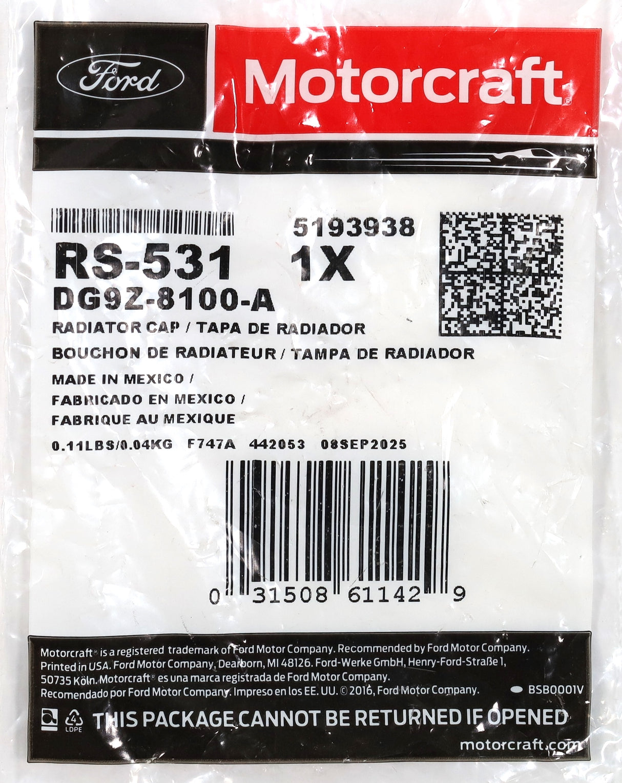 Ford Motorcraft RS-531 Coolant Reservoir Tank Cap 2020-2026 6.7L & 3.0L Powerstroke