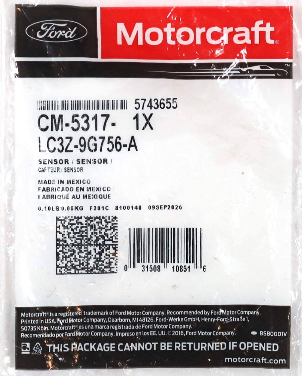 Motorcraft CM-5317 Fuel Pressure Sensor LC3Z-9G756-A 2020-2026 6.7L Powerstroke