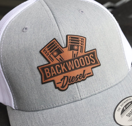 BackWoods Diesel Trucker Hat – Heather Gray & White Snapback with Leather Patch