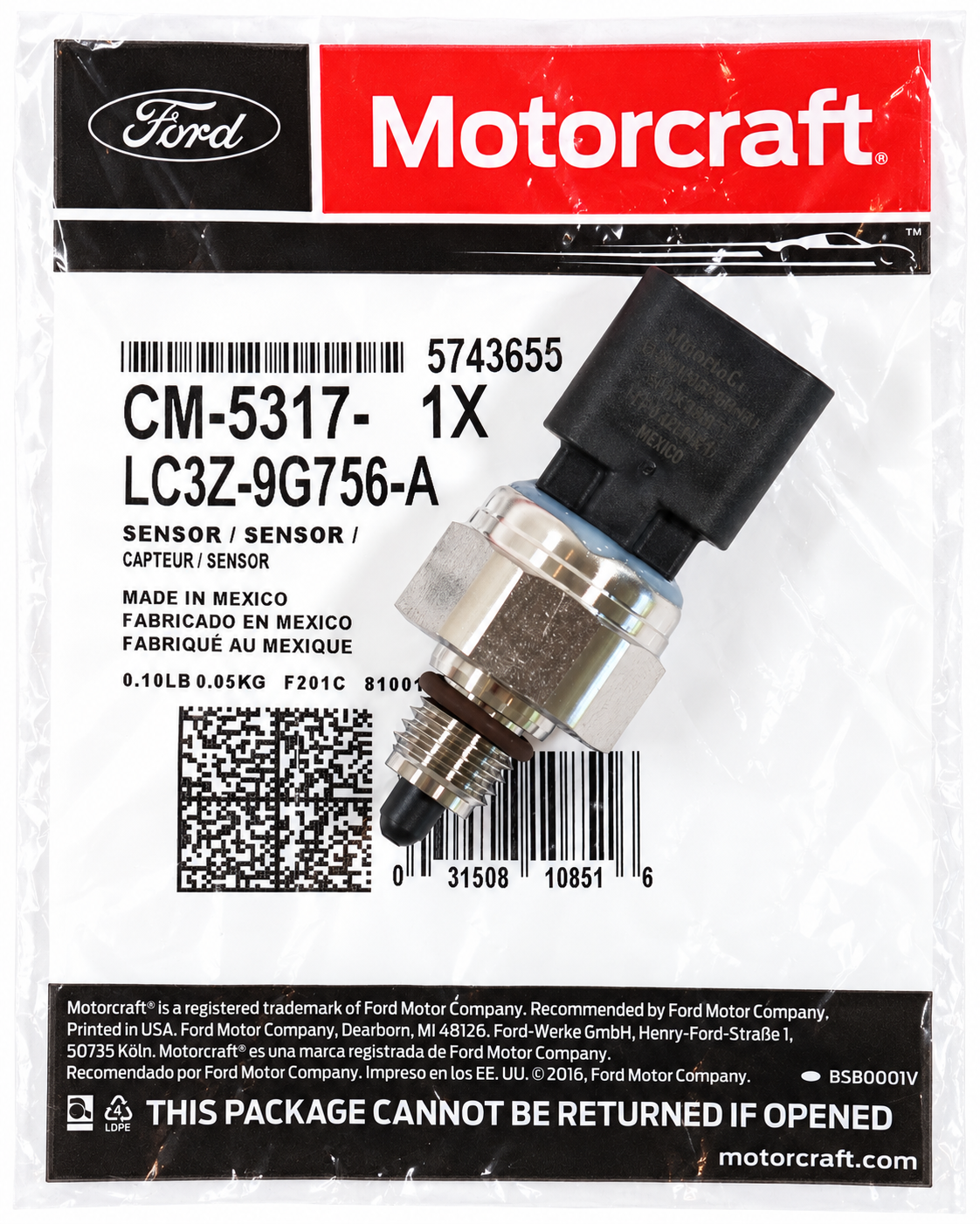 Motorcraft CM-5317 Fuel Pressure Sensor LC3Z-9G756-A 2020-2026 6.7L Powerstroke